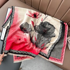冬季国风仿羊绒围巾女水墨画荷花办公室空调披肩两用加厚保暖围脖