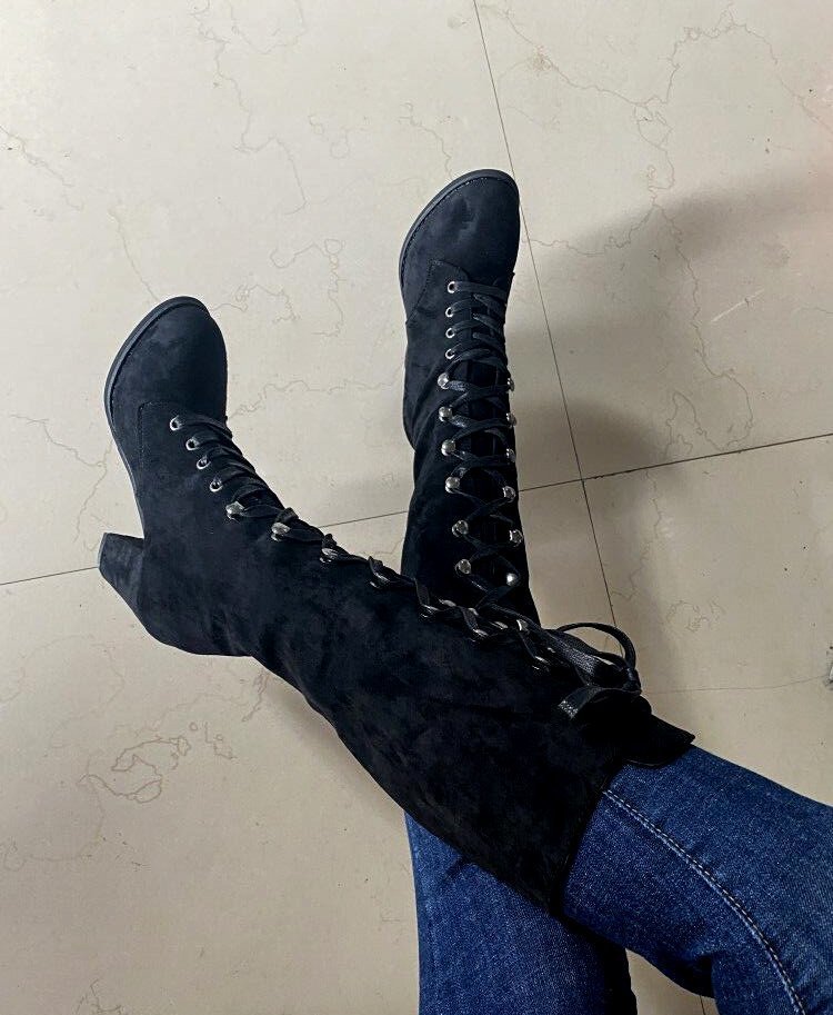Women's Plus Size High Heeled Fashion Boots Chunky Heel Suede Cross Strap Long Boots European American Style Winter Slimming_vogvips.com