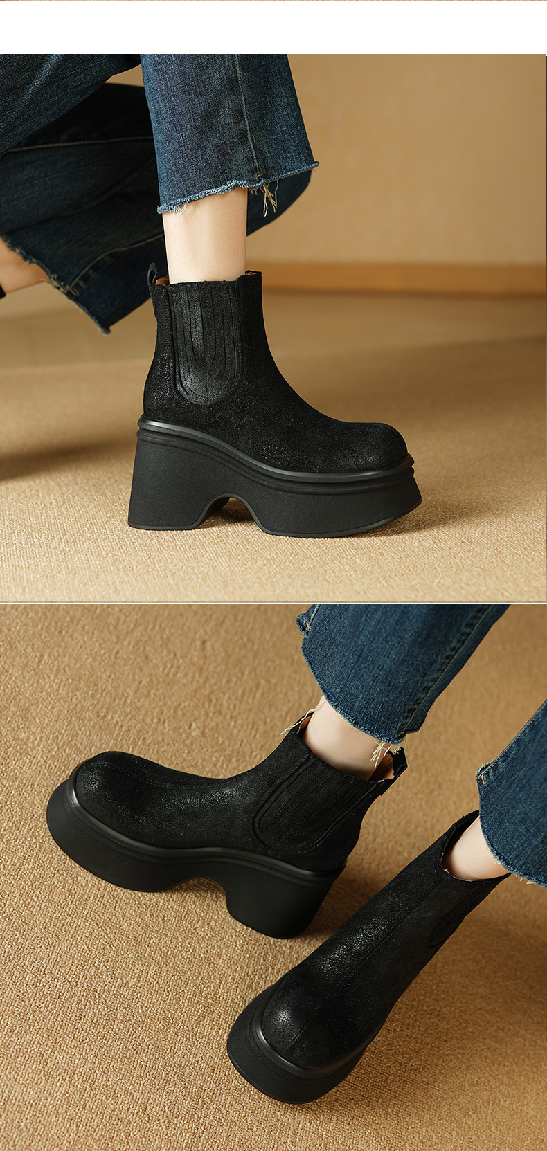 Giày boot Chelsea nữ cổ thun đế dày 10 cm chống nước mùa thu đông — đen, nâu sẫm chi tiết 7