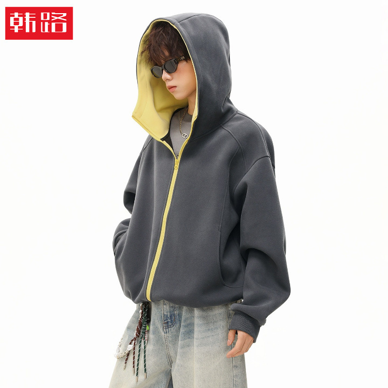Hanlu | American street style half-high collar cardigan hoodie for men, autumn collection, heavy texture, color-blocking hoodie jacket Hanlu | American street style half-high collar cardigan hoodie for men, autumn collection, heavy texture, color-blocking hoodie jacket