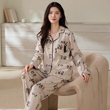 纯棉拉架#秋天季新款双面纯翻领开胸印花双长睡衣女家居服套装冬