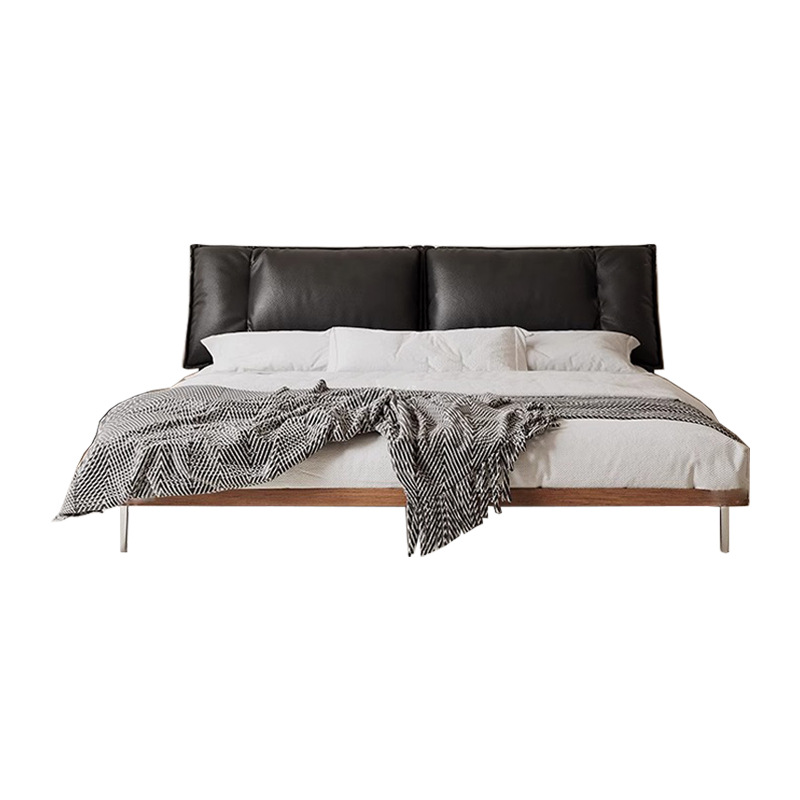 Cama de cuero de madera maciza minimalista italiana, cama de cama principal, cuero de vaca, cama doble retro, madera de cera blanca, muebles de cama de boda medieval