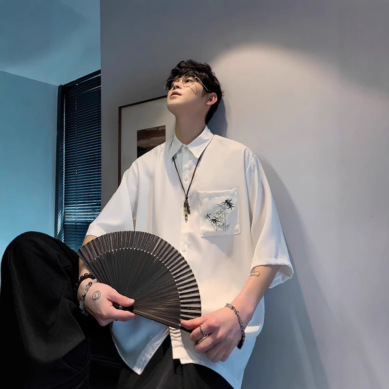 New Chinese Style Bamboo Short-Sleeved Ice Silk Shirt for Men in Summer Loose Casual High-End Lapel Handsome Shirt