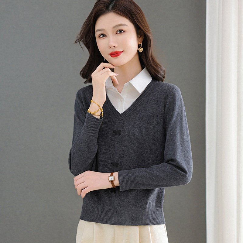 Brand Fashion Faux Two-Piece Wool Knit Sweater for Women with Stylish Design, Shirt Collar Pullover Sweater for Outerwear or Layering Brand Fashion Faux Two-Piece Wool Knit Sweater for Women with Stylish Design, Shirt Collar Pullover Sweater for Outerwear or Layering