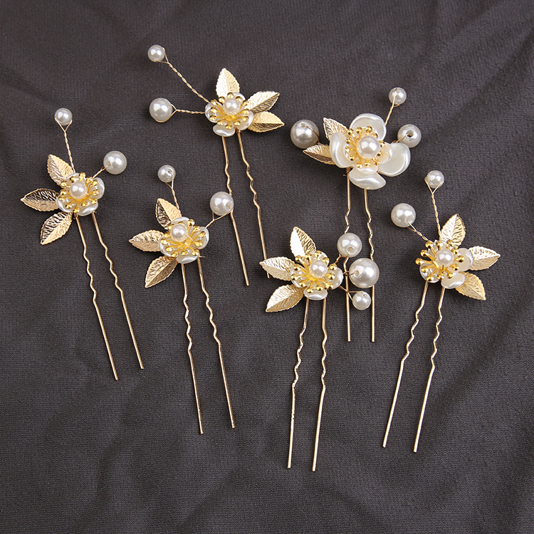 Eurasian golden leaf hairpin set with handmade pearl hair accessories, floral hairpins, wedding hair accessories