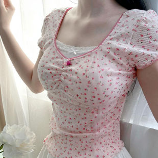 Pure Desire Style Sweet Lace Patchwork Fake Two-Piece T-Shirt New French Floral Slim Fit Versatile Short Sleeve Top