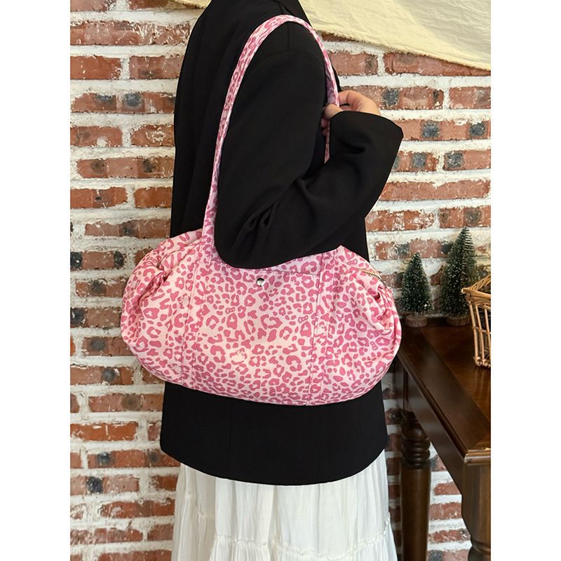 Korean Style Leopard Print Bowling Bag For Women - New Large Capacity Nylon Shoulder Bag, Lightweight Casual Commuter Handbag - Thumbnail 4
