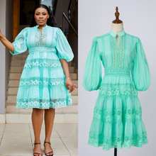 跨境外贸纯色礼服欧根纱半开领灯笼袖中袖连衣裙蕾丝拼接收腰短裙