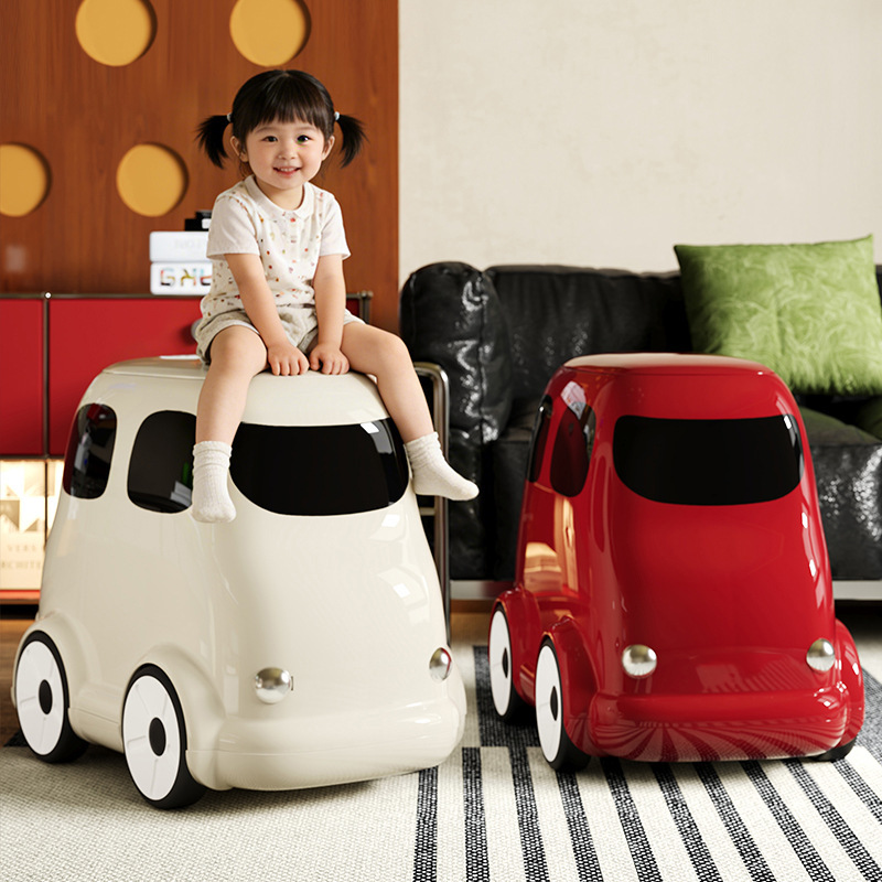 Creative Trash Can for Children, Cartoon Car and Bus Storage Bin with Wheels, Mobile Sanitary Bin, Press-Type Gap Cleaning Bin