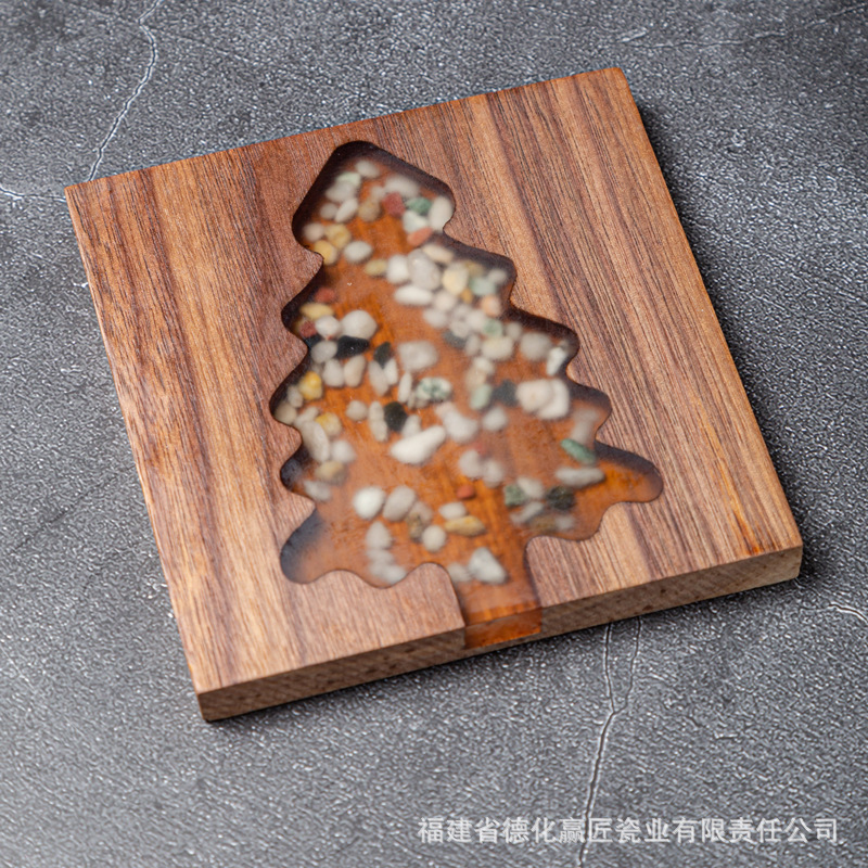 Resina transfronteriza almohadilla de taza de río piedra árbol de Navidad madera sólida empalme epoxi simple transparente almohadilla de taza de té cuadrada