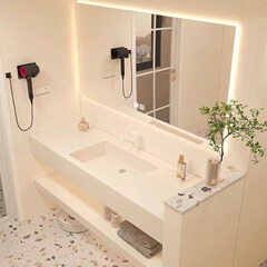 二層スレート洗面台バスルームキャビネットセラミックシームレス洗面台コンビネーションバスルームシンクカットエッジとカットアングル