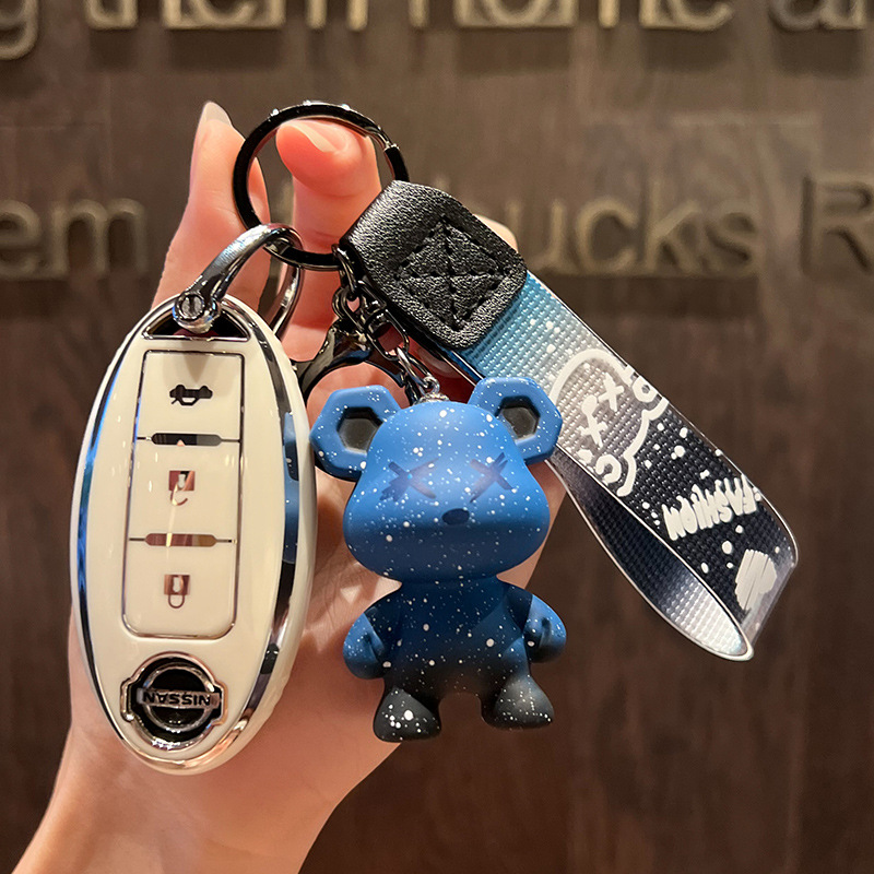 닛산 C-스마트 3 키 [싱글 쉘 화이트] + 블루 폭력 곰 펜던트