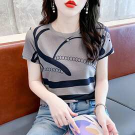 【803#L-4XL/1色】索罗娜，复古印花圆领短袖T恤女夏季新款百搭上