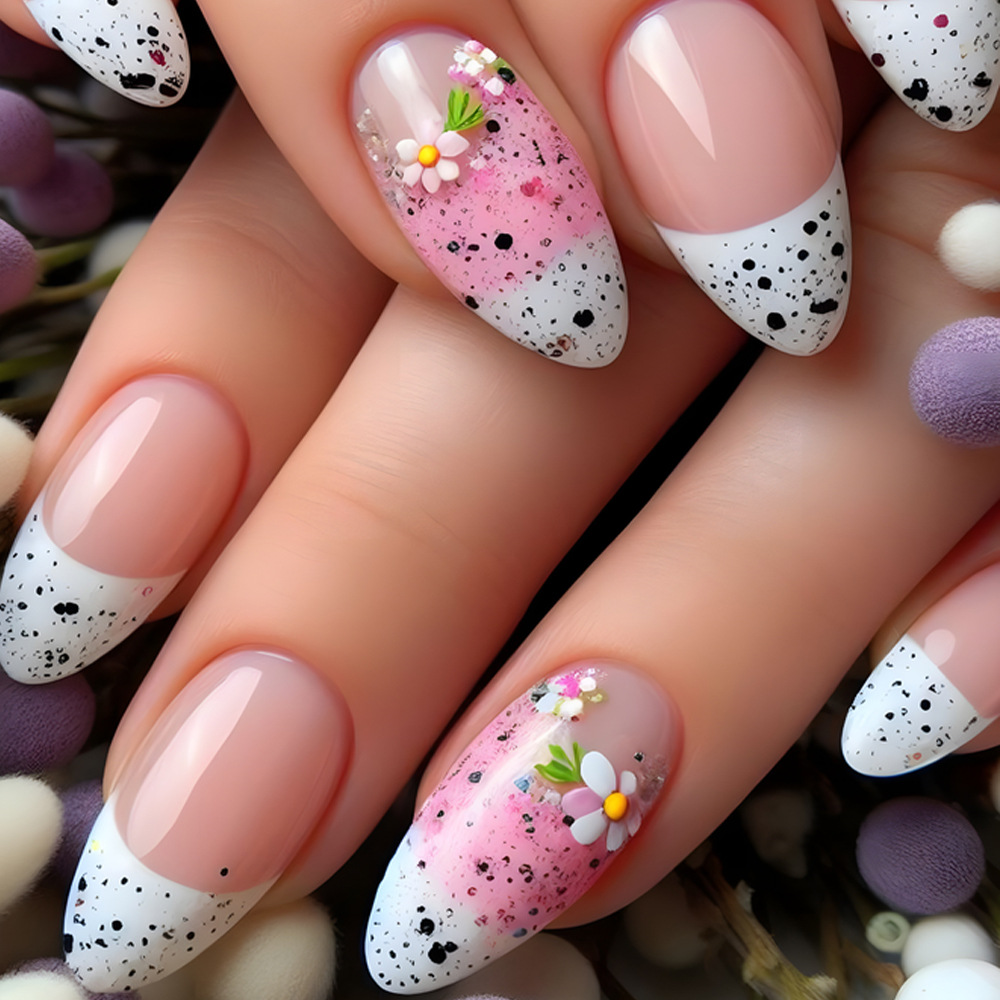Comercio exterior dulce y fresco flor pequeña para usar uñas graffiti polvo desnudo de alta calidad 24 piezas de uñas falsas blanqueadoras.