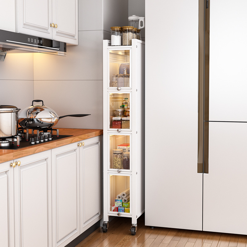 2F廚房夾縫置物架落地多層帶門冰箱側面20cm寬縫隙收納櫃防塵超窄