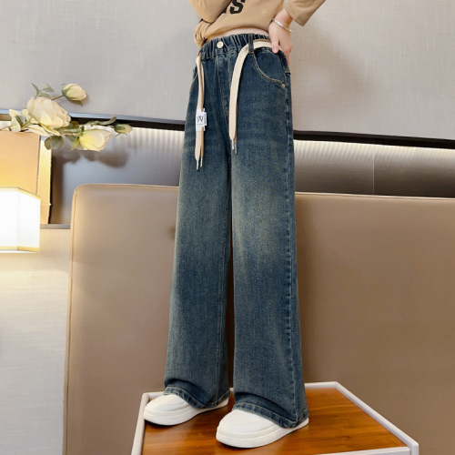 Women's Spring Outerwear Pants 2024 New Middle-Size Children's Leisure Straight Leg Wide Leg Long Pants Spring Children's Jeans