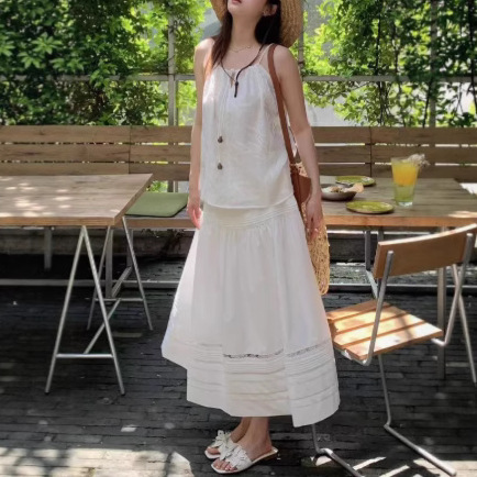【芸能人同じスタイル】ELLEレースセナ風鈴白スカートレディース2025夏新作Aラインスカートアンブレラスカート|undefined