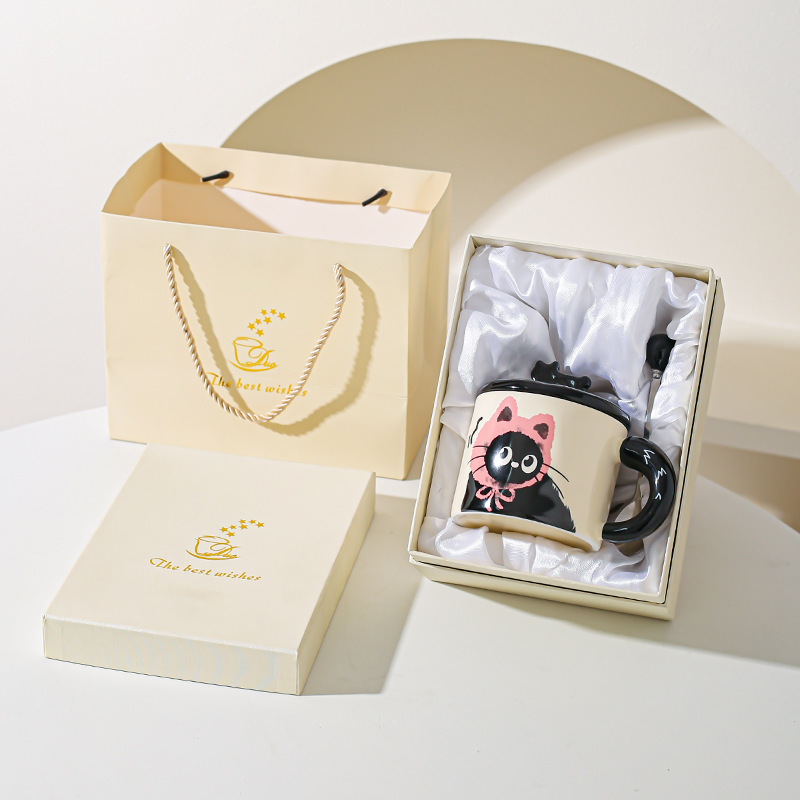 Cute gato gato taza de oficina taza de cerámica con taza de agua cubierta regalo pareja acompañante caja de regalo creativa de cumpleaños