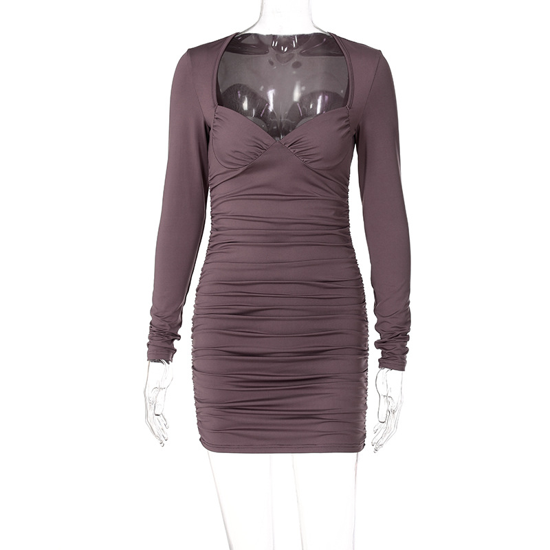 Women Clothing Autumn Deep V Plunge Plunge Tube Top Long Sleeve Slim Pleated Dress
