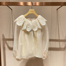 宽松显瘦透视雪纺衬衫2023夏刺绣花瓣领气质网纱开衫上衣P123704B