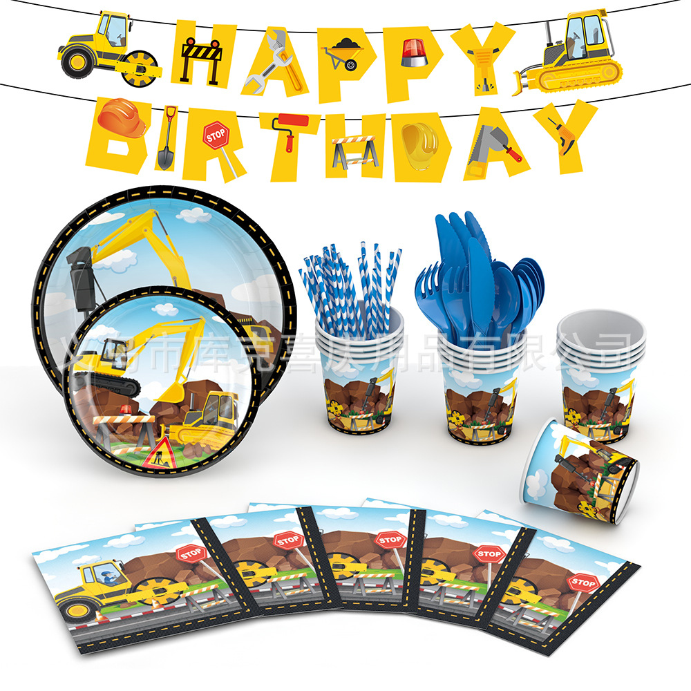 Nuevo vehículo de ingeniería tema Fiesta decoración suministros niño cumpleaños desechable papel taza placa tire bandera partido traje