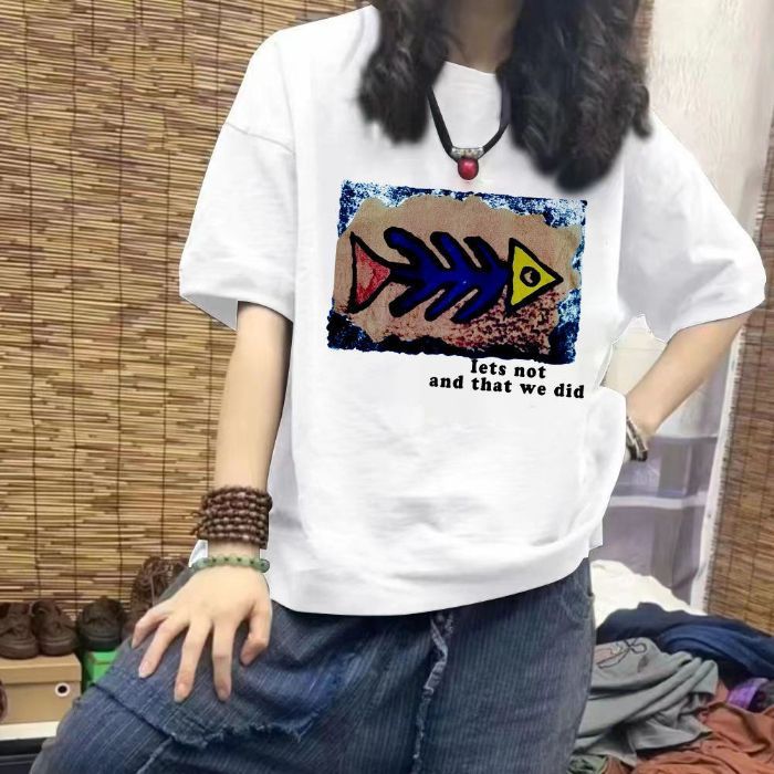 2025文芸プリントのシンプルなアニメtシャツ女性半袖夏の新型百合はゆったりしていて、着痩せしています。|undefined