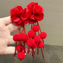 洋气夸张红色花朵串珠绒球流苏耳钉气质长款修饰脸型绝美个性耳坠