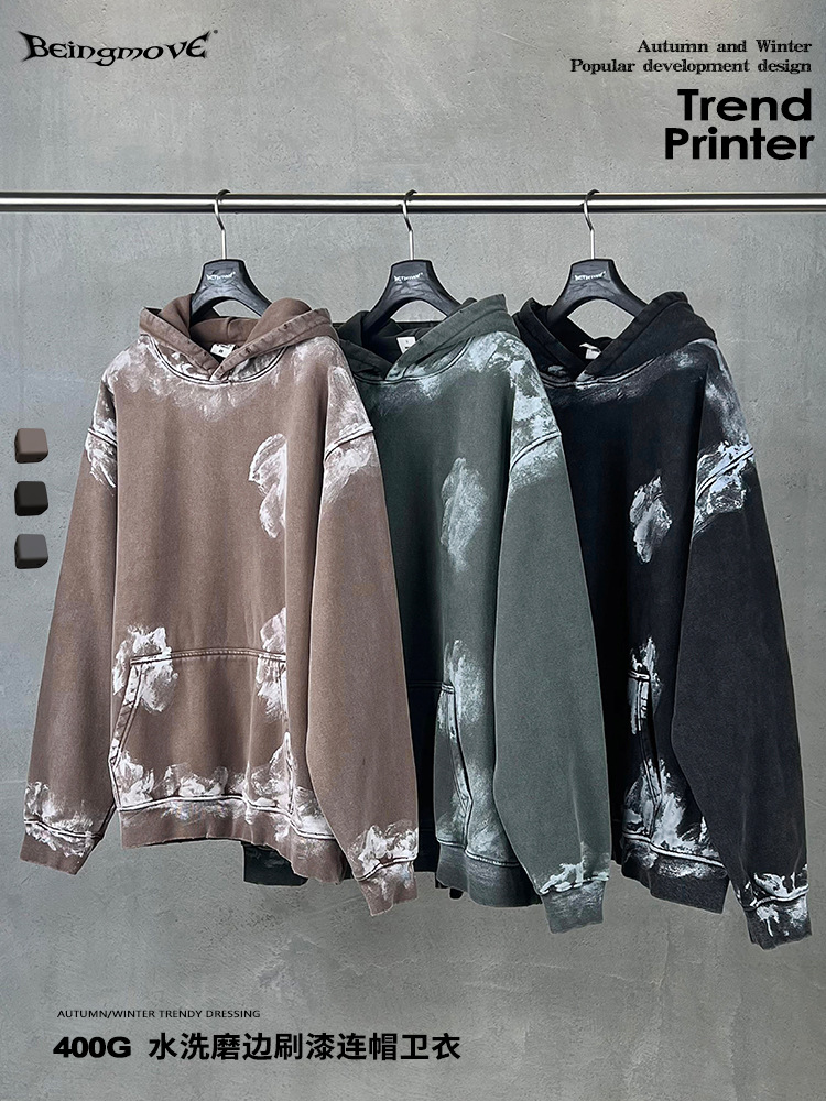 Calle secada| 2025 otoño europeo y americano pesado 400G marca de maras lavado con agua, borde pulido, pintura y camiseta con capuz para hombres
