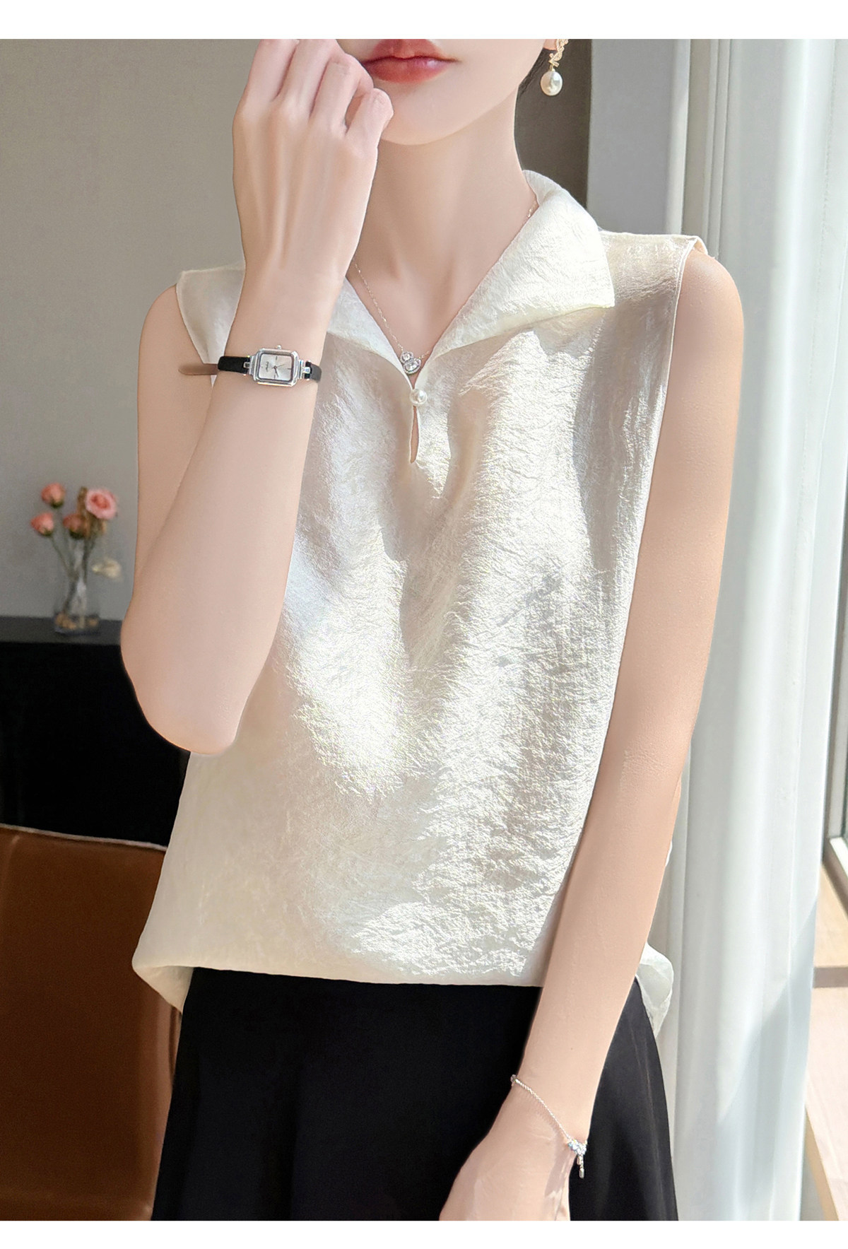Áo sơ mi không tay cổ lật nữ chất tơ tằm phong cách quốc gia — Champagne màu chi tiết 10