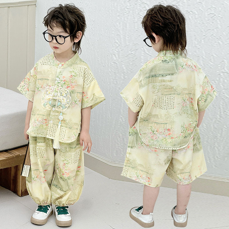 新しい子供の中国風スーツ夏の男の子の唐スーツ漢服半袖9点パンツ古代スタイルの新しい中国風の2点セット|undefined