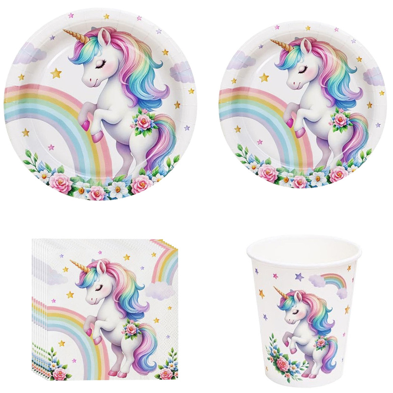 New Rainbow Unicorn Birthday Theme Party Supplies Tableware Disposable Paper Plate Paper Cup Tissue Set Decoration