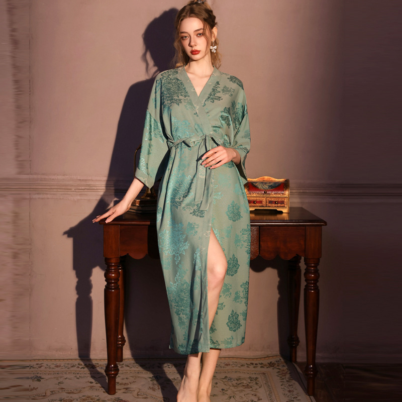 Spring and Summer Style Jacquard Robe for Women, Long Adult Plus-Size Loungewear, Silk Bathrobe, Bridal Dressing Gown