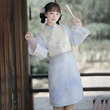 原创设计绣球旗袍中国风复古日常改良汉元素旗袍马甲两件套6430