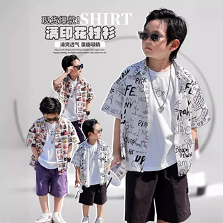 爆款男儿童衬衫夏季新款英文满身印花短袖衬衣韩版卡通童装上衣