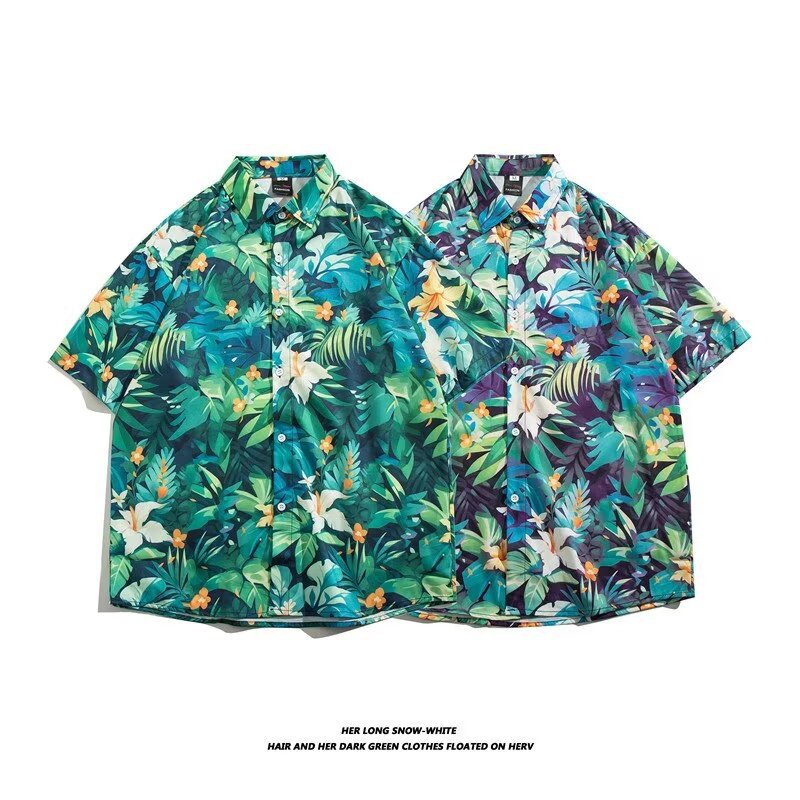 Men's Floral Shirt Short Sleeved Loose Fit Casual Beach Fashionable Retro Style Hong Kong Summer_viptrois.com