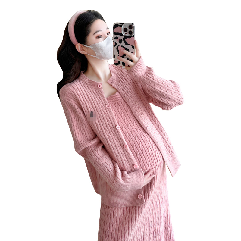 임산부의 가을 달콤한 나이를 줄이는 스웨터 원피스 세트 두꺼운 대마 패턴 니트 재킷 조끼 긴 스커트 투피스 세트