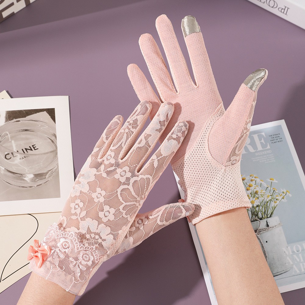 Guantes de protección solar para mujer en verano, protección UV, longitud extendida, hilo de algodón, para conducir y andar en bicicleta, pantalla táctil, antideslizantes, guantes finos de encaje