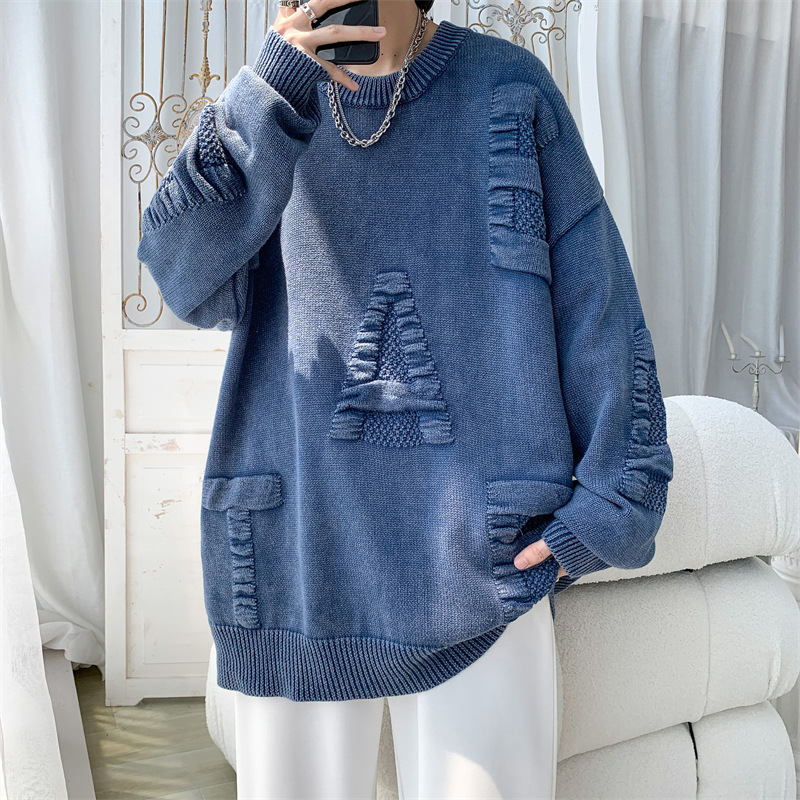 Men's Clothing Casual Knit Sweater With 3D Letter Print, Oversized Round Neck Pullover, Soft Breathable Acrylic Cotton Blend, Loose Fit Streetwear_voghion.com