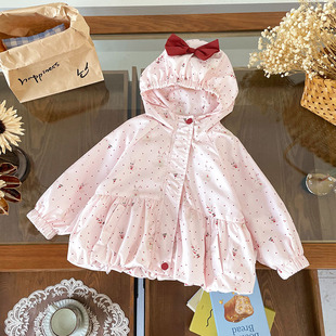 [Ready Stock] Qw259662 Girls Tops 2025 Autumn Sweet Floral Polka Dot Bow Hooded Top