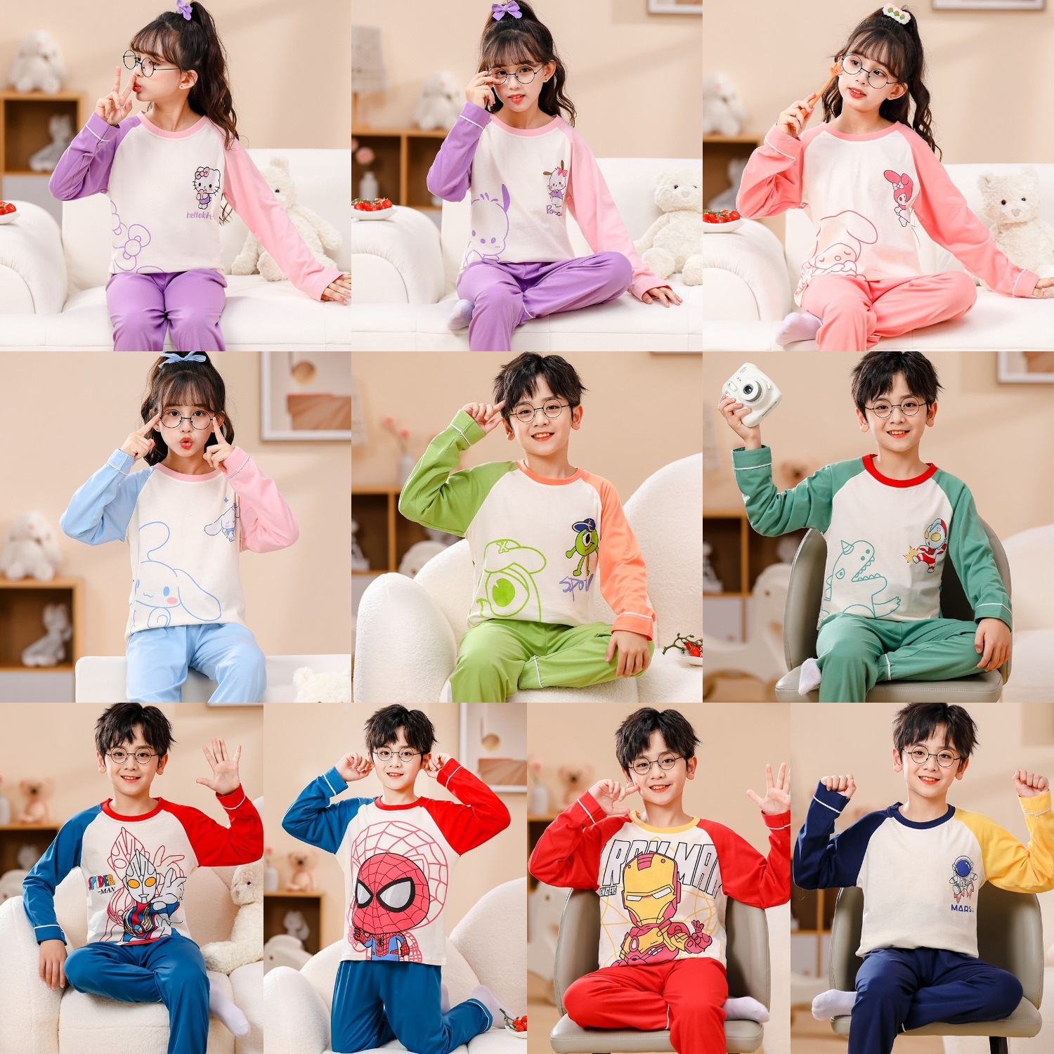 Pijamas infantiles para niños niñas primavera y otoño algodón de punto lindo dibujo animado manga larga set padres e hijos ropa doméstica para niños