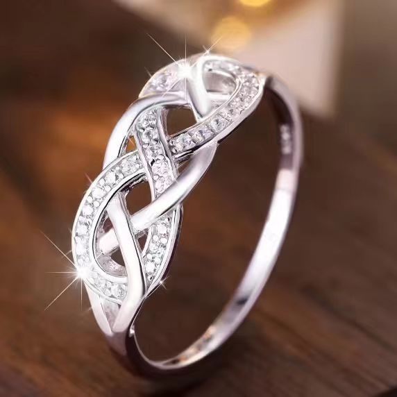 Wish Cross-Border Hot Selling Creative Twist Cross Cut Out Ring European and American Classic Micro-Paved Zircon Ring Women's Jewelry