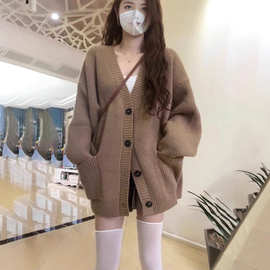 2025大码宽松中长款口袋毛衣外套慵懒风韩版v领针织开衫女秋新款