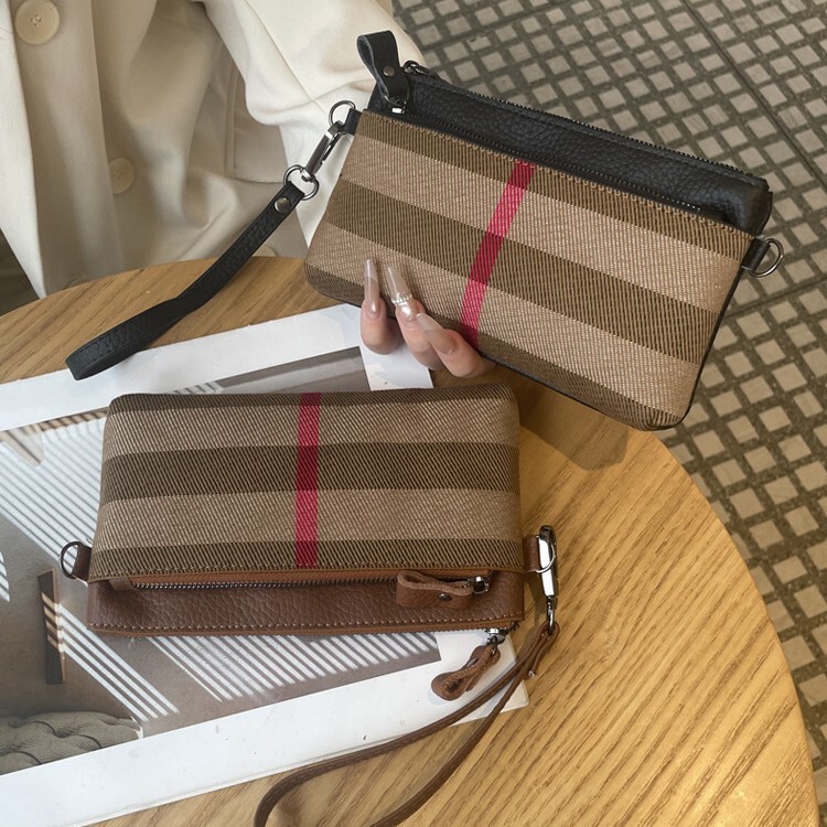 2026 New Style Plaid Mom's Clutch Wallet, First-Layer Cowhide Canvas with Cowhide Handbag, Large Capacity Phone Bag