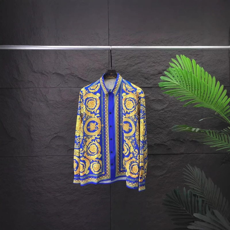 Palace-Style Blue and Gold Baroque Long-Sleeved Shirt, Light Luxury Retro Lapel, 3D Digital Print, Cross-Border Hot-Selling Shirt