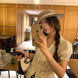 领水溶泡泡袖衬衫女边短袖好看上衣松弛感阔腿裤