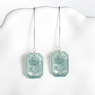 Natural A Goods Jade Ear Line Blue Water Rose S925 Silver Set Ice Jade Stone Distinctive Women's Earrings Earrings