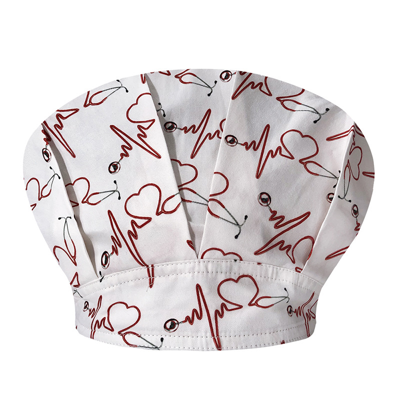 Sombrero de enfermera mujer chef cocinando cocina a prueba de aceite a prueba de humo pérdida de cabello sombrero esponjoso sombrero impreso puntera sombrero de trabajo ajuste elástico