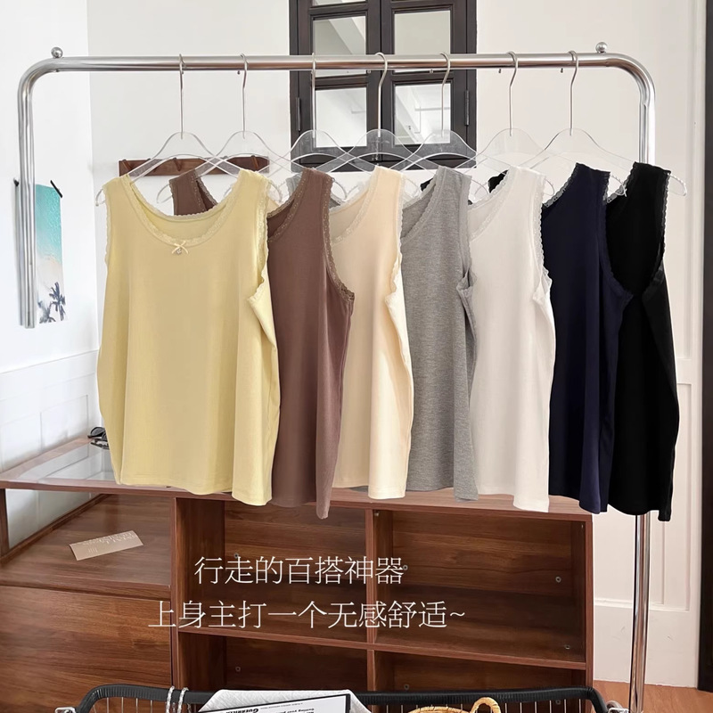 Ribbed Cotton Plus-Size Women's Tank Top, Spring/Summer Thin Style, Pure Desire Lace Bow, Round Neck, Slim-Fit Base Layer, Sleeveless