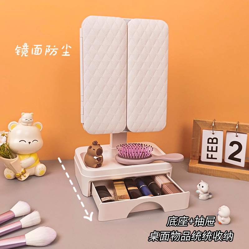 Nuevo espejo de maquillaje LED con forma de concha y luces, espejo de tocador de escritorio para dormitorio de estudiantes, con cajón de almacenamiento, recargable.