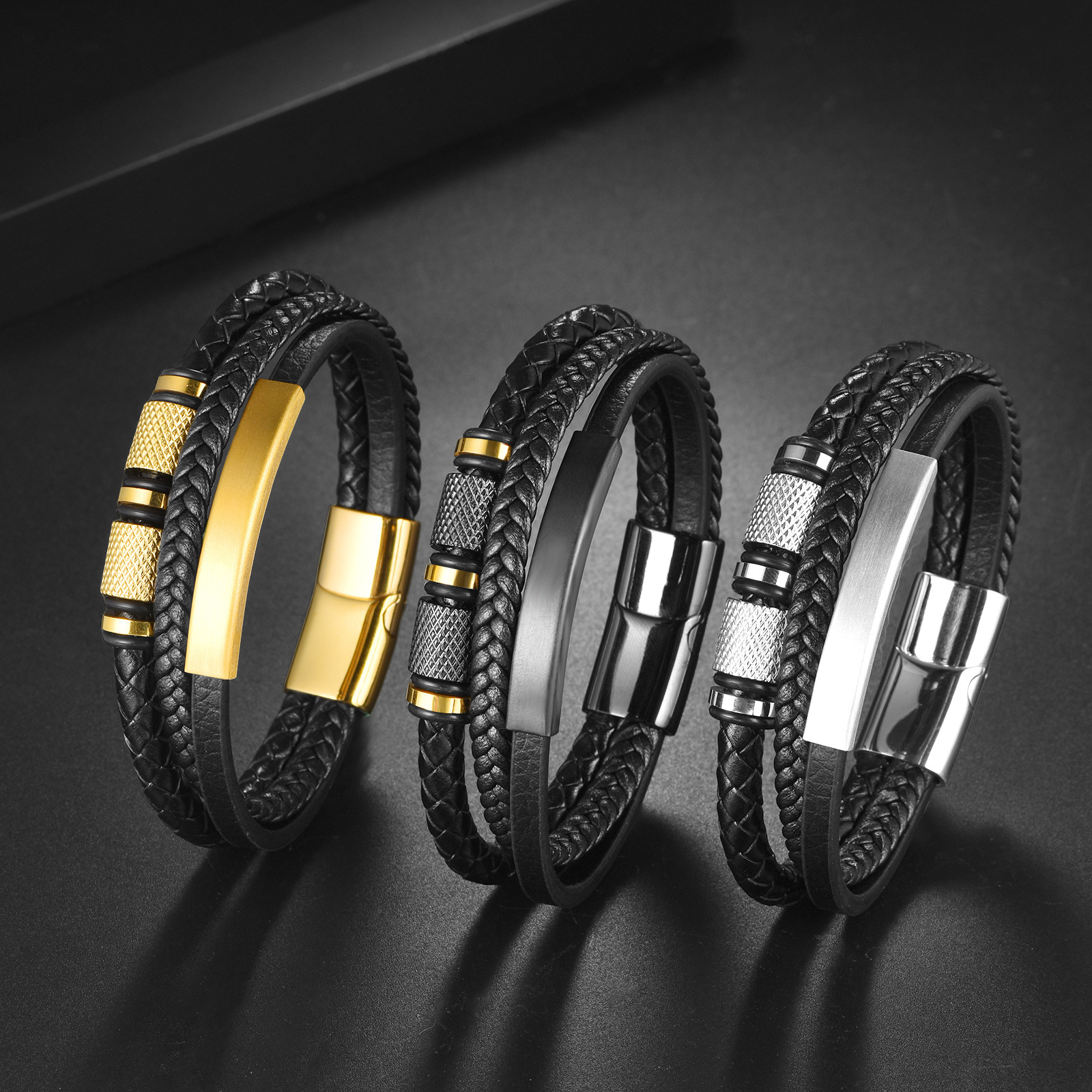 Cross-border new creative stainless steel multi-layer woven leather rope bracelet personalized fashion men's magnetic buckle leather bracelet